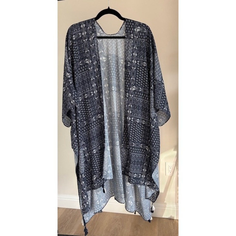 Davi & Dani Navy Blue Patchwork Paisley Tassel Kimono Cardigan 1XL‎